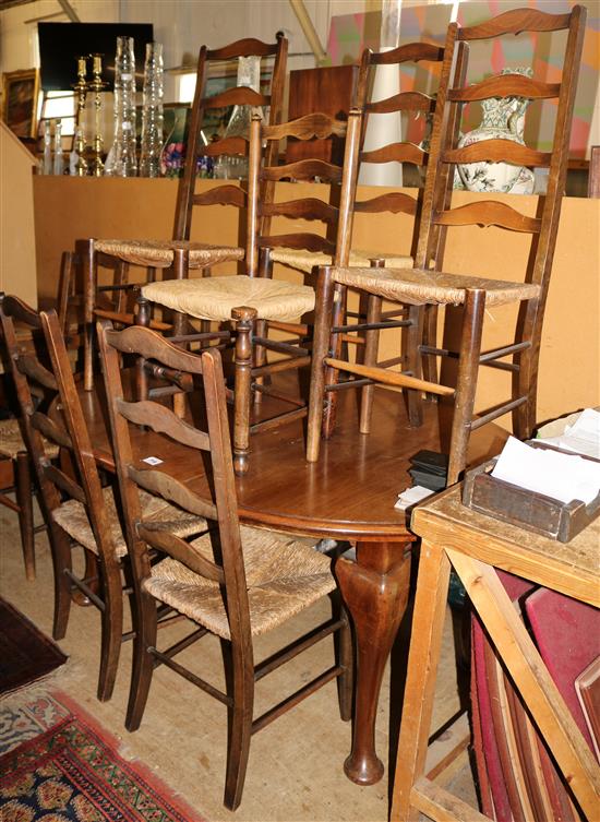 1930s mahogany extending dining table with one spare leaf & 8 dining chairs (-)